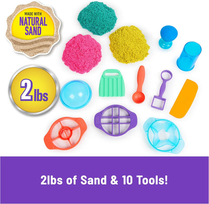 Kinetic Sand, Ultimate Sandisfying Set with 2lbs Play Sand (Pink, Yellow & Teal), 10 Tools & Molds, Sensory Toys for Kids Ages 7 and up