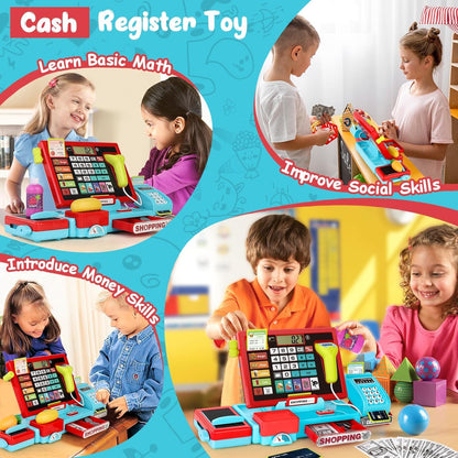 Kids Cash Register Toy Playset, Toddler Prentend Play Store with Real Calculator Cash Register with Scanner/Credit Card/Play Money/Food, Learning Toys for Boys Girls Toddlers(Pink)