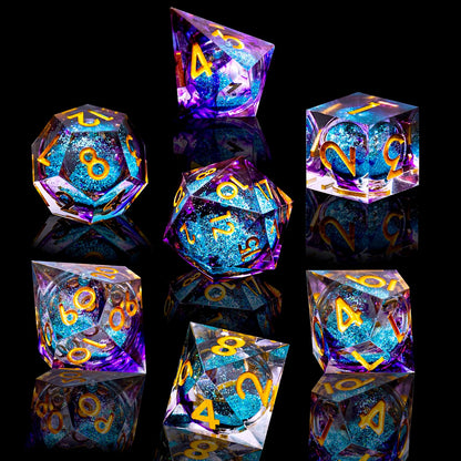 Liquid Core DND Dice Set, 7pcs Sharp Edge Dice for Role Playing Dungeons and Dragons Ttrpg with Gift Box, Handmade Resin D&D Dice RPG Role Playing Games Dice Set(Blue Gold)