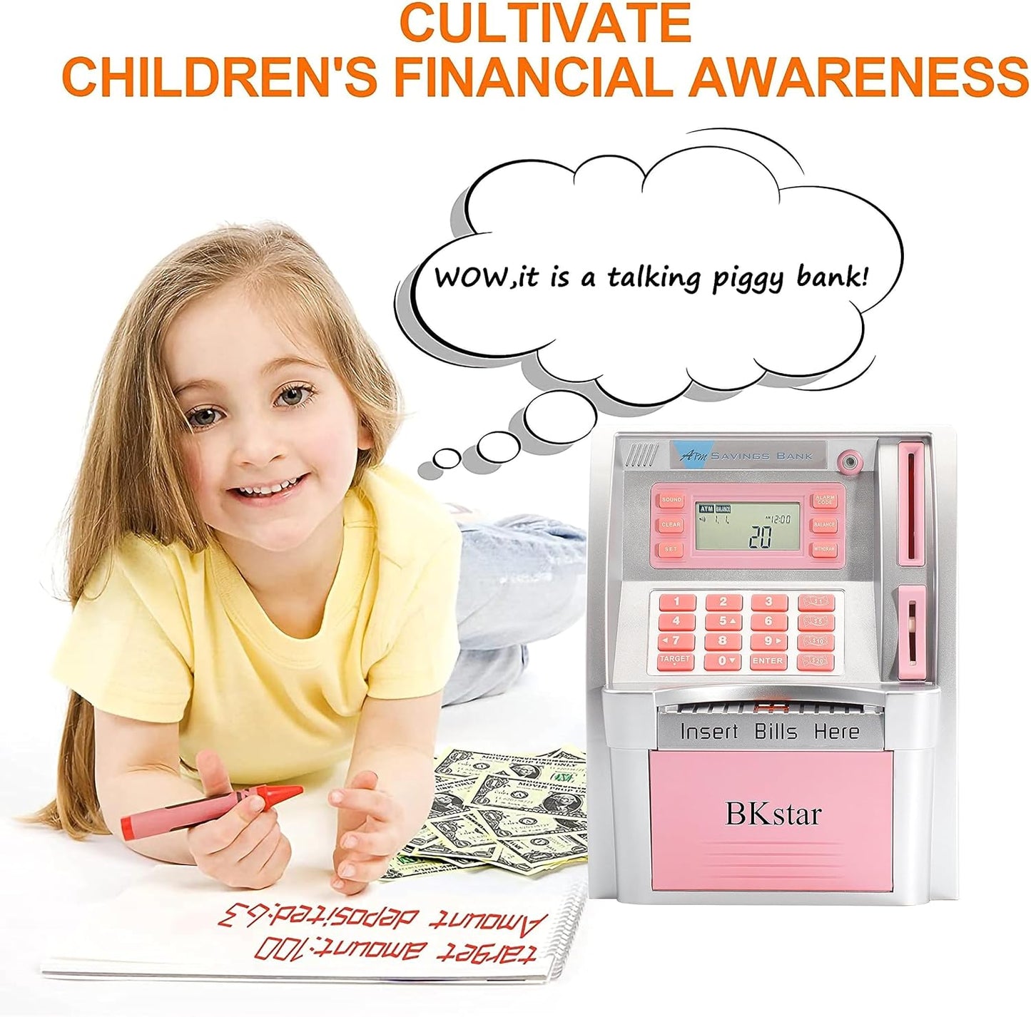 BKstar ATM Piggy Bank for Kids - Talking Electronic Money Bank with Debit Cards & Digital Coin Counter for Real Money, Boys Girls