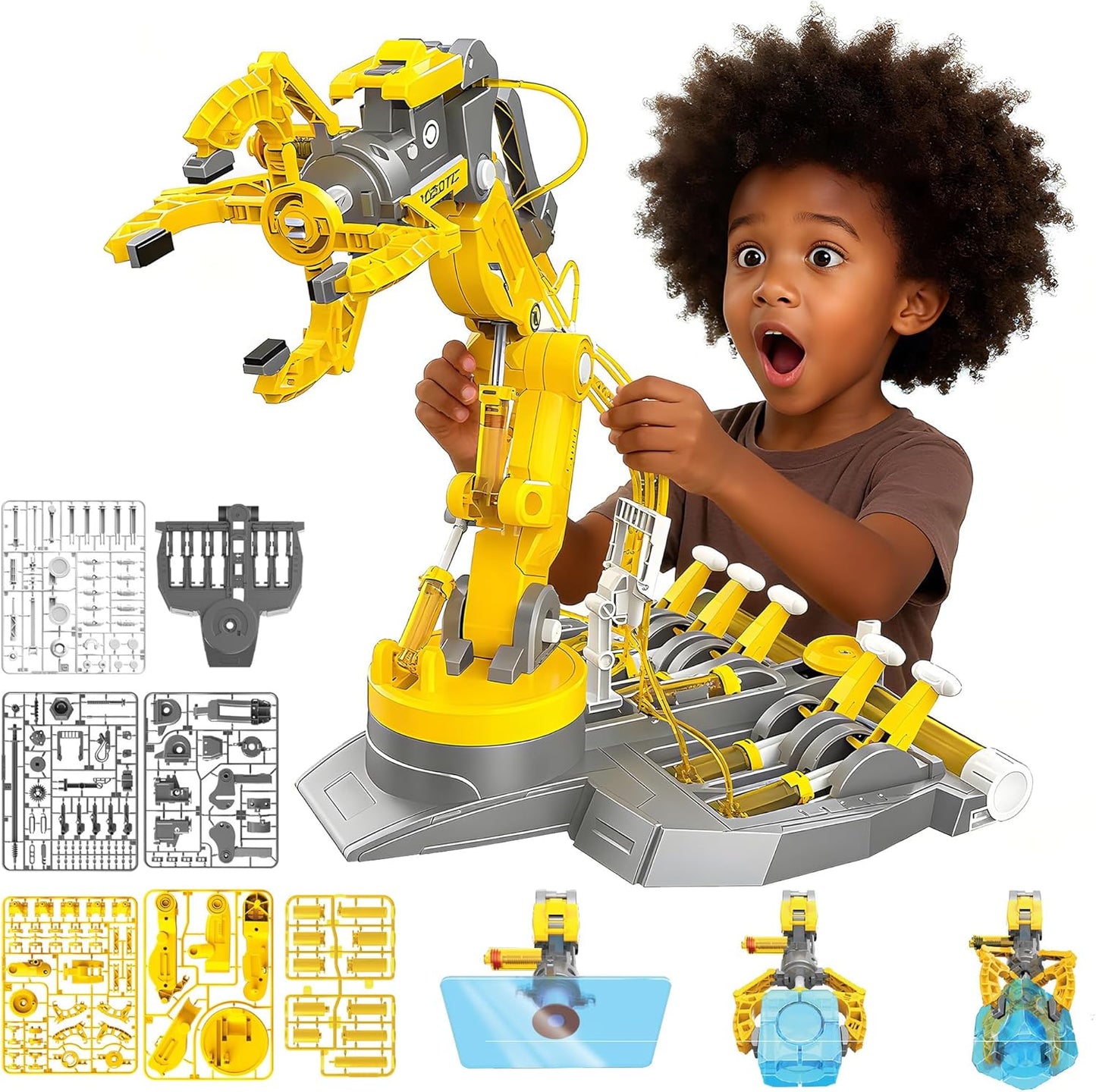 SMIESSKIDDO 3 in 1 Hydraulic Robot Arm - 220 Pcs STEM Building Toys with 4-Jaw Grab, Suction & Tongs for Kids 8-12 | No Batteries Needed Engineering Gift for Boys & Girls Ages 9 10 11 - Yellow