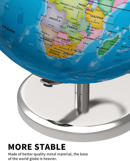 Waldauge Illuminated World Globe with Stand, 9" Earth Globes with Stable Heavy Metal Base for Kids Classroom Learning, LED Constellation Globe Night Light with HD Printed Map