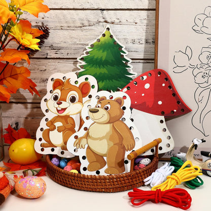 Montessori Wooden-Lacing Cards, Fine Motor Skills, Cute Bear Lacing Cards (Forest)