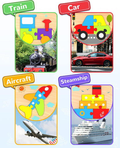 Yetonamr Wooden Toddler Puzzles Gifts Toys for 1 2 3 Years Old Boys Girls, 6 Vehicle Shape Montessori Toys Educational Blocks Kids Toys Gift Baby Learning Toy Age 1-3, 2-4