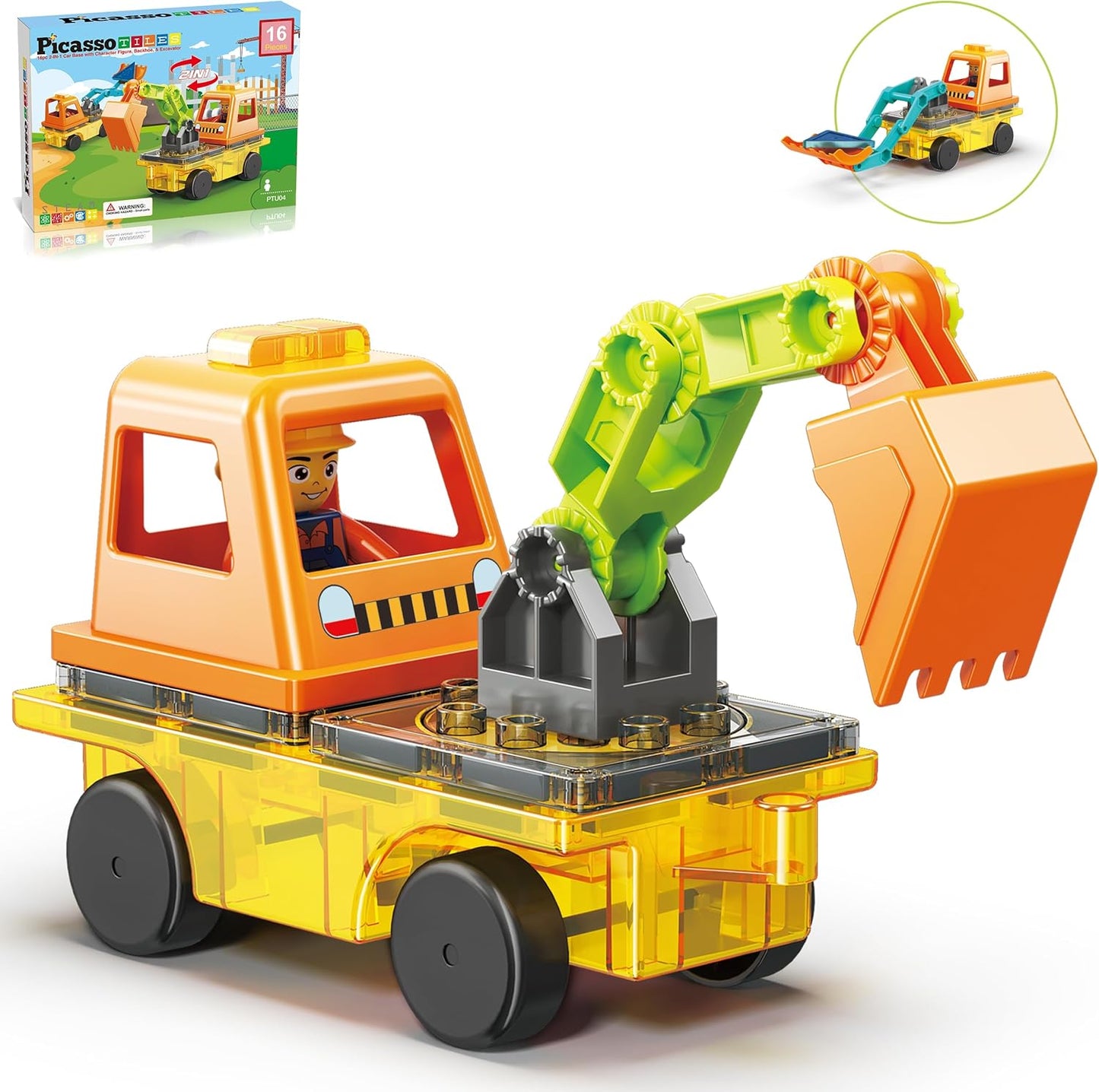 PicassoTiles Magnet Tile Construction Themed Building Blocks 5-in-1 Crane, Ladder, Dump Truck, Excavator, and Backhoe Action Figures, 2 Car Base Vehicles Magnetic Tiles Learning Toys Kids Ages3+ PTU06