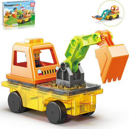 PicassoTiles Magnet Tile Construction Themed Building Blocks 5-in-1 Crane, Ladder, Dump Truck, Excavator, and Backhoe Action Figures, 2 Car Base Vehicles Magnetic Tiles Learning Toys Kids Ages3+ PTU06
