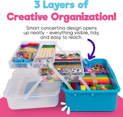 Blue Squid Arts & Crafts Box (Blue)- 2800+ pcs Deluxe Craft Supplies Box, 2 Drawers, 18 Compartments, Sturdy Handle - Art Crafting Kit Birthday Gifts for Kids, School Supply for Ages 4-12