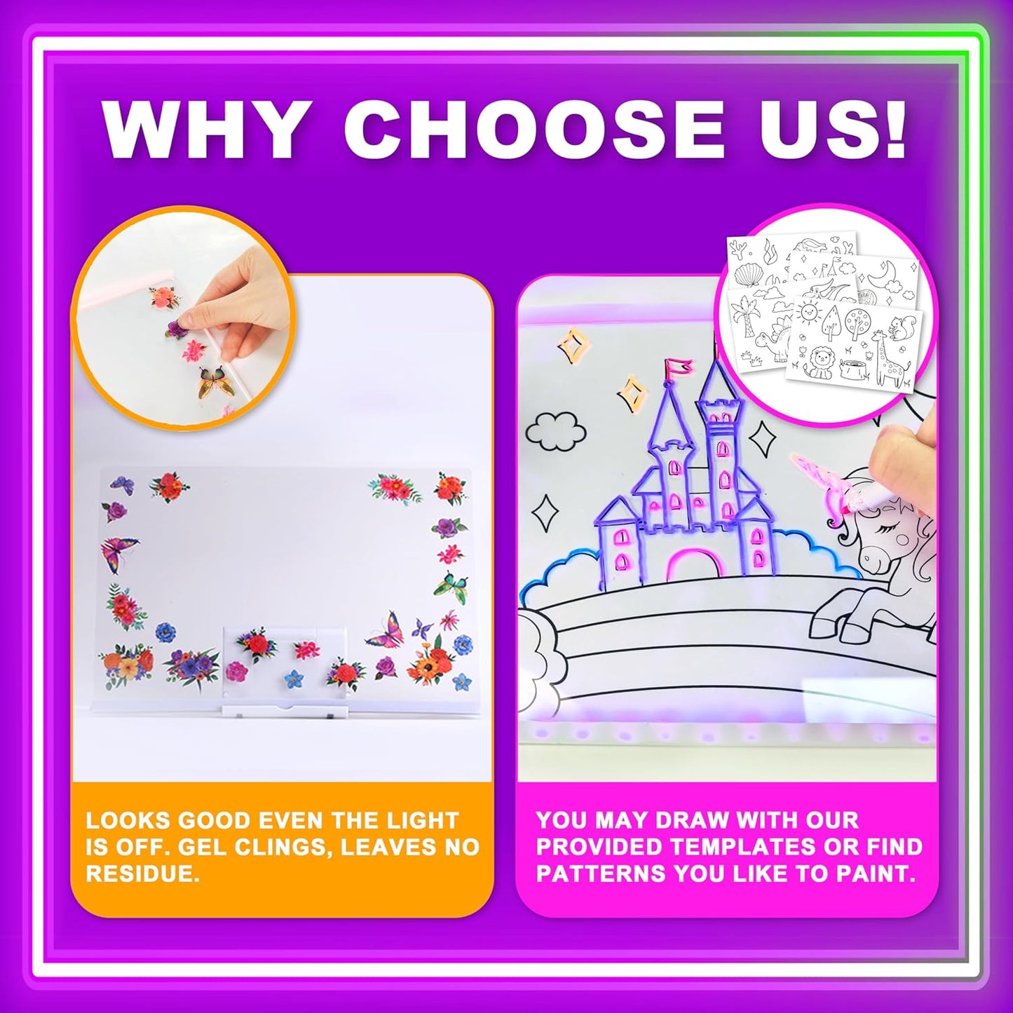 LED Drawing Board, 14'' Acrylic Note Board with Colors, Include LED Light Up Writing Pad 4 Modes & 7 Colors, 8 Markers, Stand, Hanging Chain, 2 Gel Clings, Holiday Gift