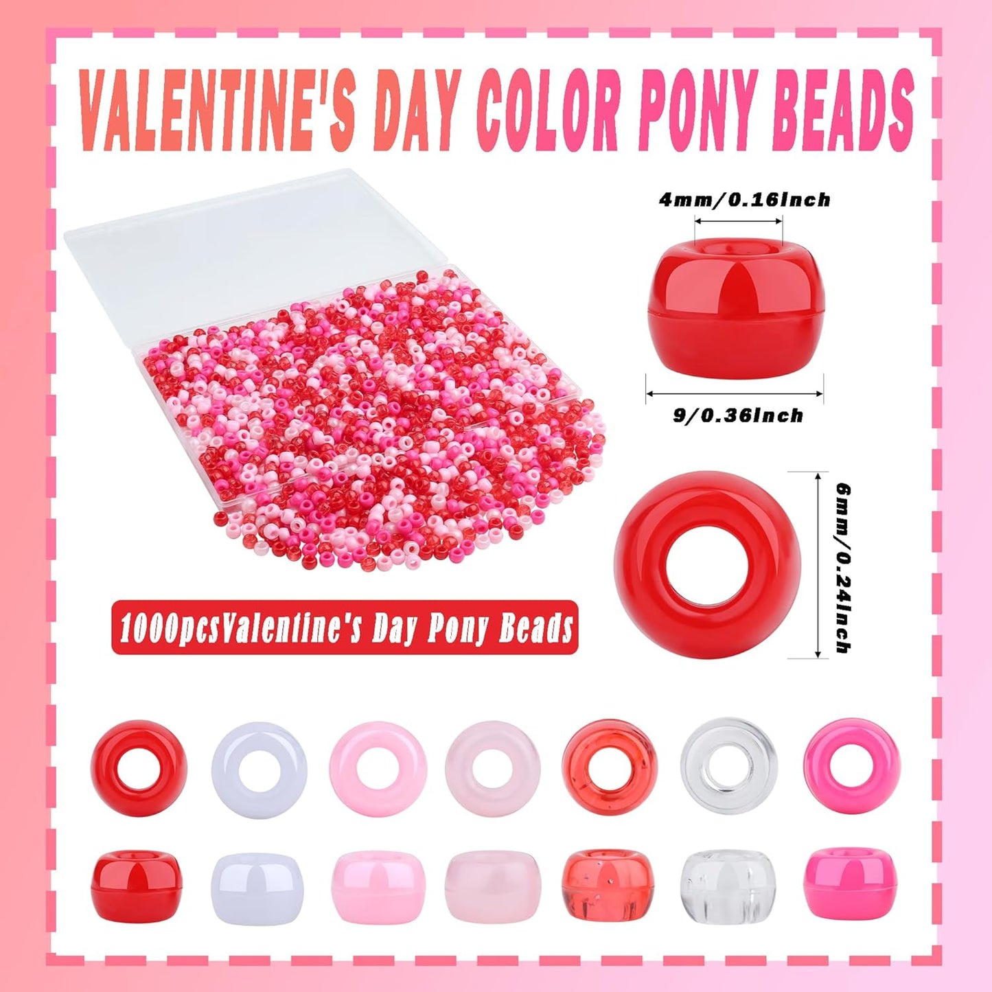 Red Pony Beads 1000Pcs 9mm Pony Beads Bulk Red Perler Beads for Friendship Bracelets Kandi Beads Hair Beads for Braids Beads for Crafts