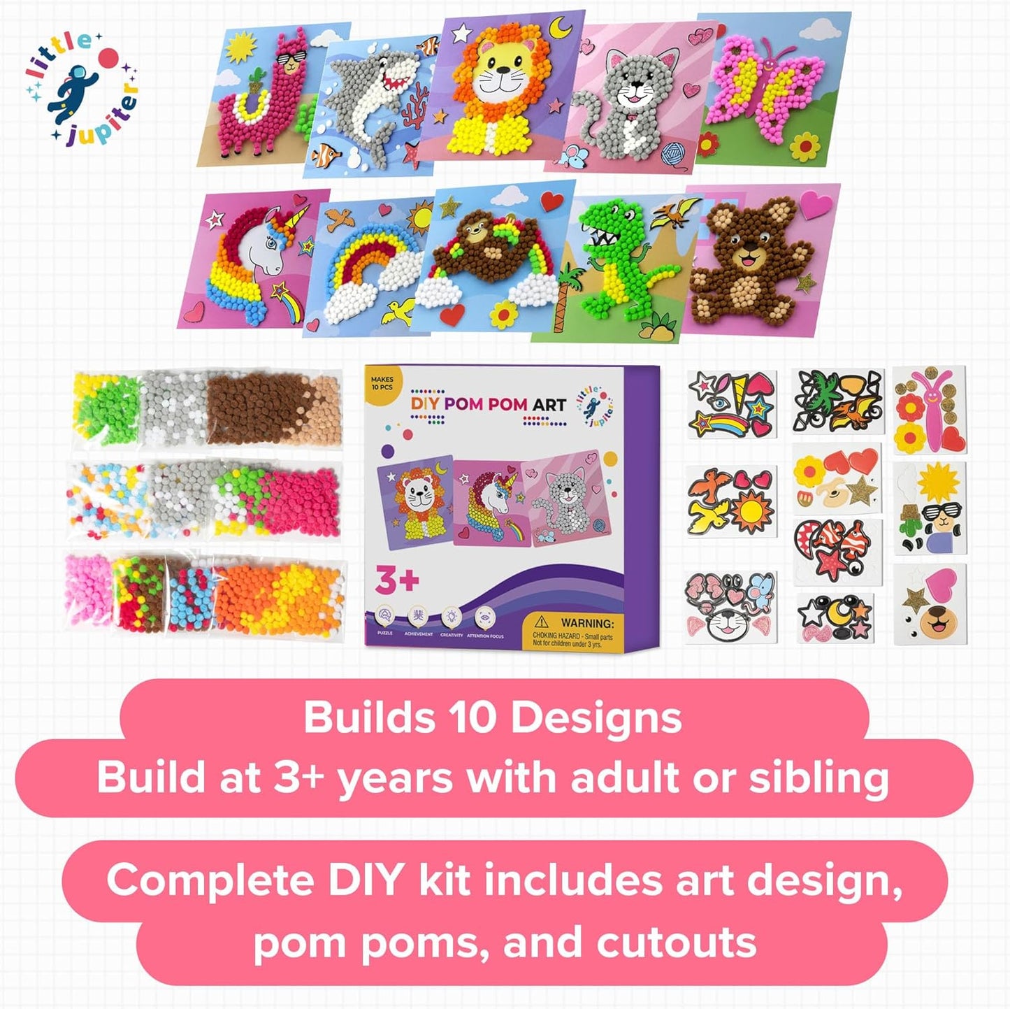 Little Jupiter DIY Pom Pom Art - Makes 3 Pieces -Boy & Girl Crafts for Kids Age 3-5 - Toddler Crafts - Pom Pom Art Projects for Kids 3-5 - (Set 2-Unicorn, Rainbow, Cat)