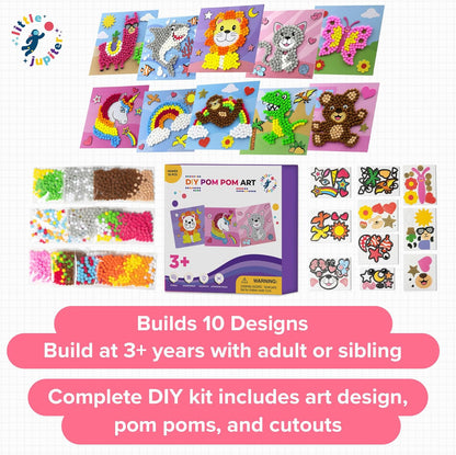 Little Jupiter DIY Pom Pom Art - Makes 3 Pieces -Boy & Girl Crafts for Kids Age 3-5 - Toddler Crafts - Pom Pom Art Projects for Kids 3-5 - (Set 2-Unicorn, Rainbow, Cat)