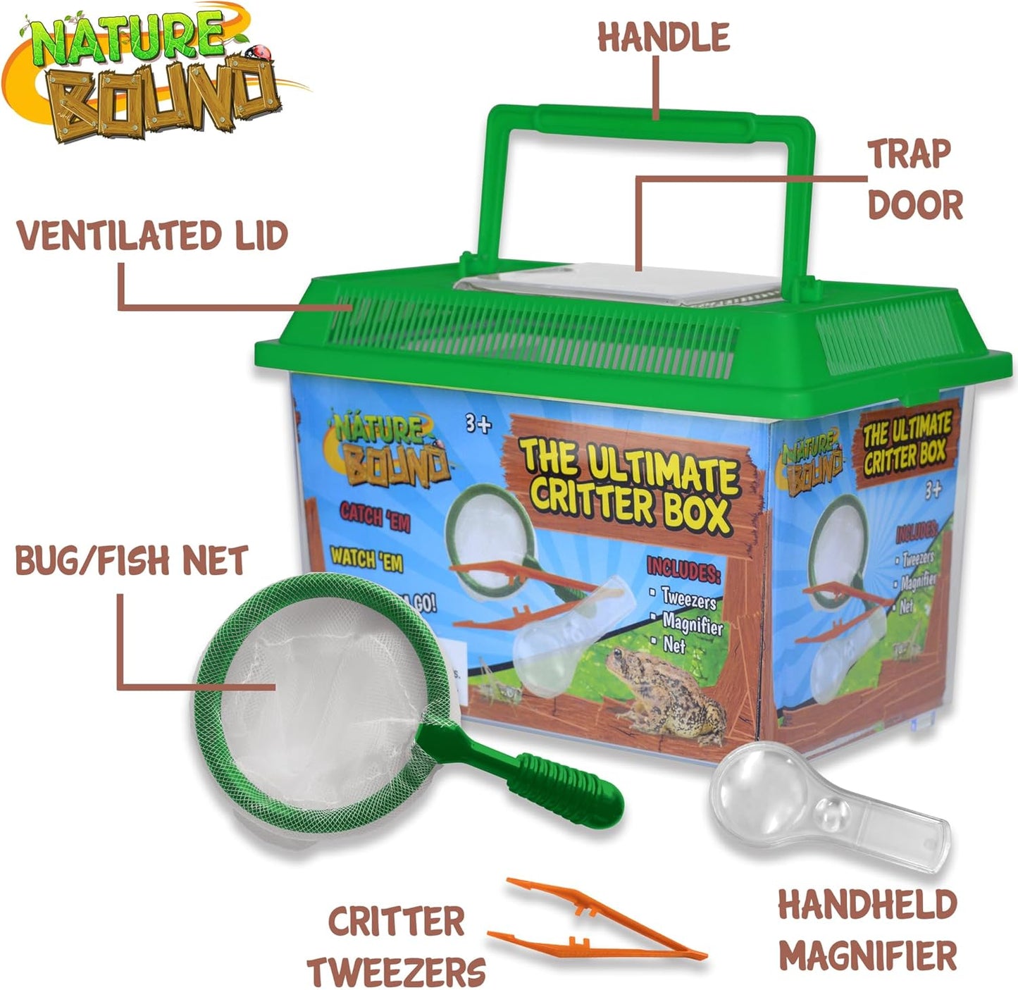Nature Bound - Ultimate Critter Box Habitat Kit for Indoor/Outdoor Insect Collecting - Includes Net, Tweezers, and Magnifier - Gift for Boys and Girls Green
