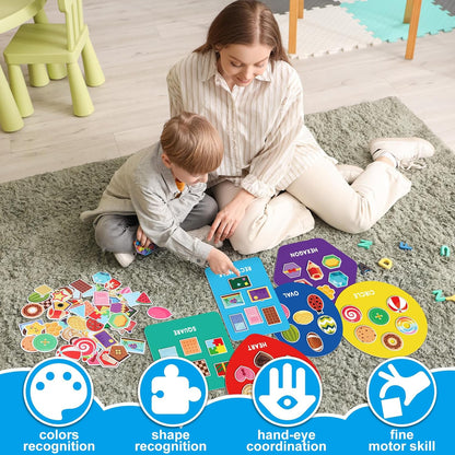 Halloscume 70 Pcs Shape Sorters for Toddlers Shape Puzzle and Matching Games Set with 10 Sorting Mats and 60 Everyday Objects Pieces for Kids Preschool Classroom Child Learning