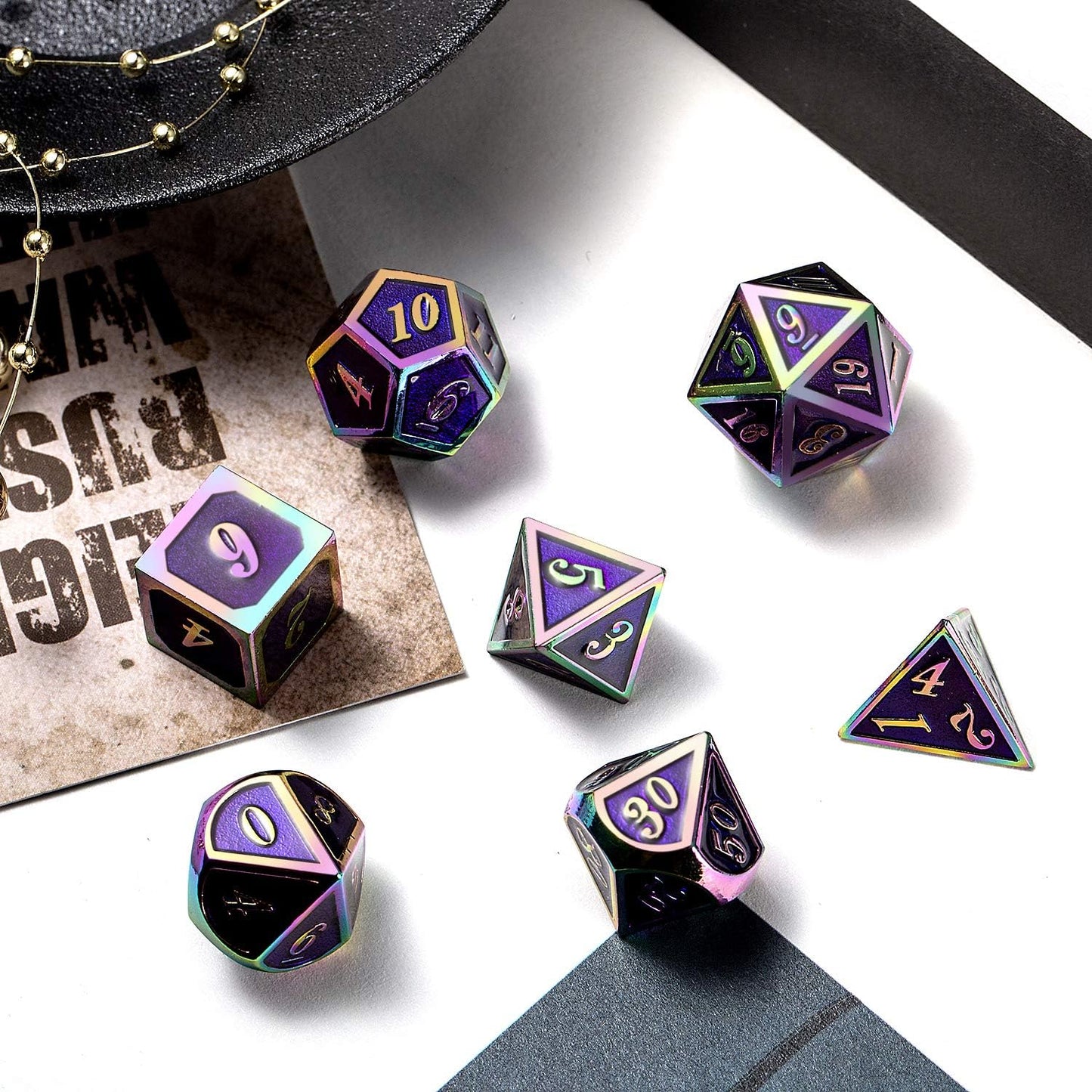 DnDnD Heavy Polyhedral Metal Dice Set with Metal Box, 7-die Shiny Blue Surface with Golden Number for RPG,Dungeons and Dragons,Pathfinder,Shadowrun,D&D,Role Palying Game and Math Teaching - Colors A