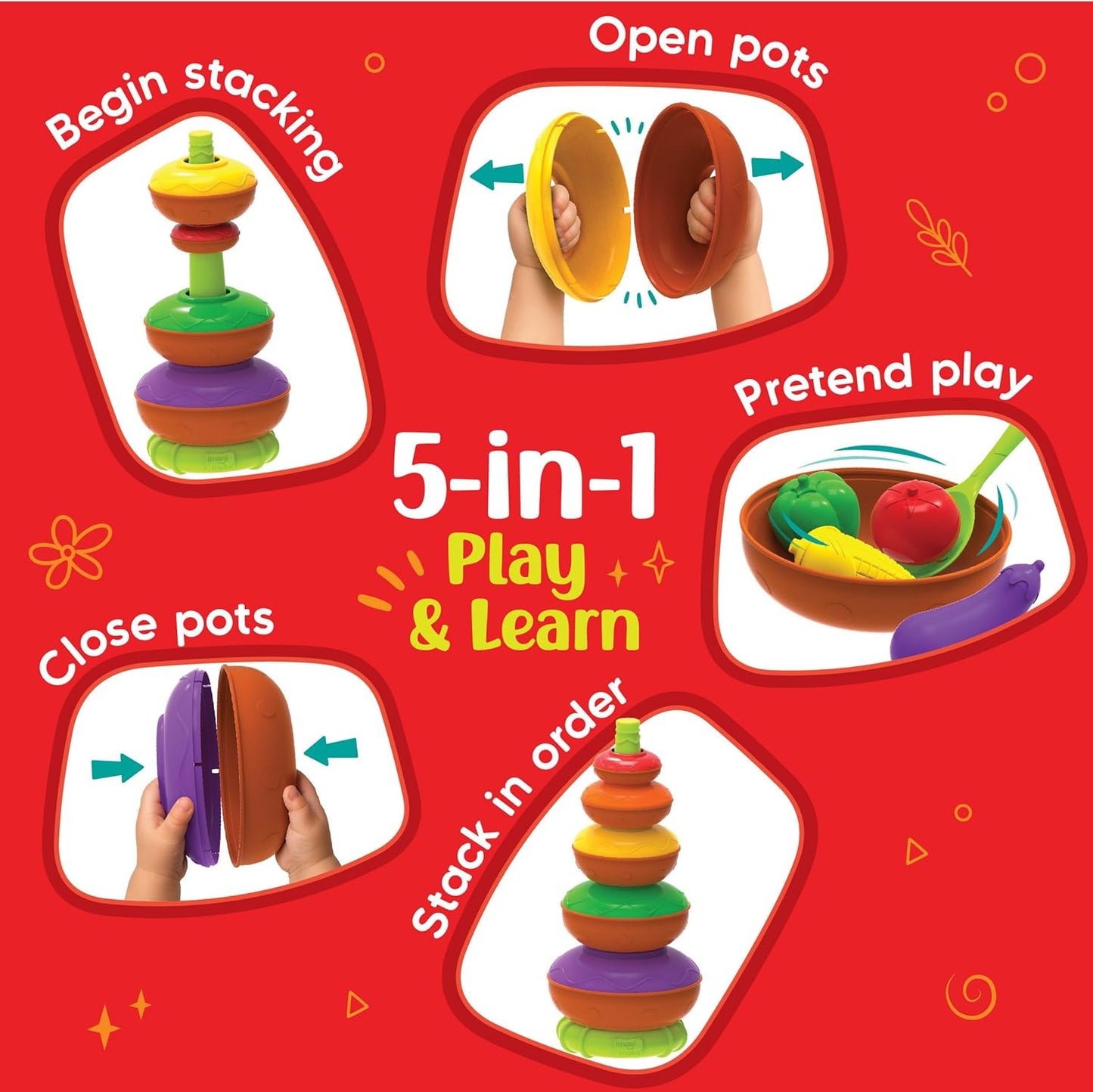 Imagimake Stacking Pots Toys | Leaps & Bounds 6+ Month Old Baby Toy | Learning Toy for Infant & Toddler | 5-in-1 Play & Learn | Stacking, Nesting, Pretend Play | First Birthday Gifts for Girls & Boys