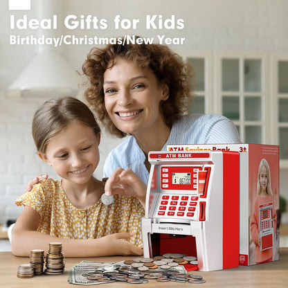 ATM Piggy Bank for Kids, ATM Machine for Real Money with Debit Card, Bill Feeder, Coin Recognition, Balance Calculator, Electronic Savings Safe Box, Gifts for Teen Boys Girls