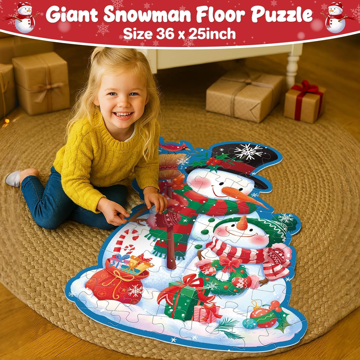 Snowman Floor Puzzle for Kids Age 4-8, 45PCS Jumbo Christmas Jigsaw Puzzle, Large 25.6" x 36.2" Winter Puzzle with Poster, for Kid Boy Girls