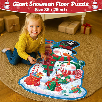 Snowman Floor Puzzle for Kids Age 4-8, 45PCS Jumbo Christmas Jigsaw Puzzle, Large 25.6" x 36.2" Winter Puzzle with Poster, for Kid Boy Girls