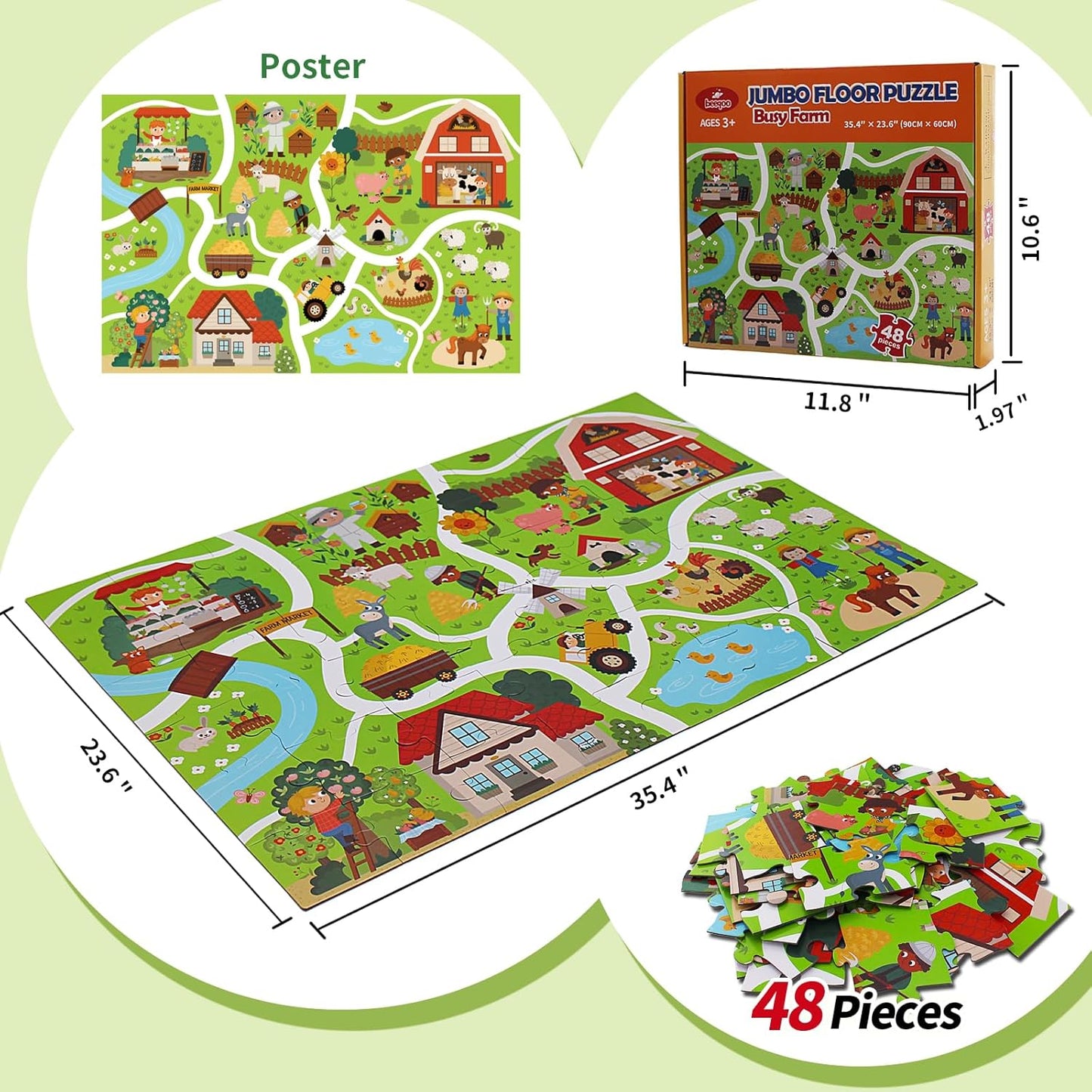 Jumbo Floor Puzzle for Kids Ages 3-5, Giant City Race Tracks Jigsaw Puzzles for Toddler 2-4 (60pcs 35.4x23.4 Inch Extra-Thick Cardboard), Educational Preschool Toy for 4-6 Year Old