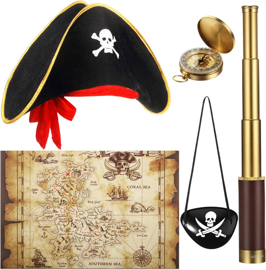 Pirate Monocular Telescope Treasure Map Pocket Compass Pirate Hat Skull Print Captain Costume, 5 Pcs Party Favors Costume Spyglass Kid Compass for Cosplay(Small)