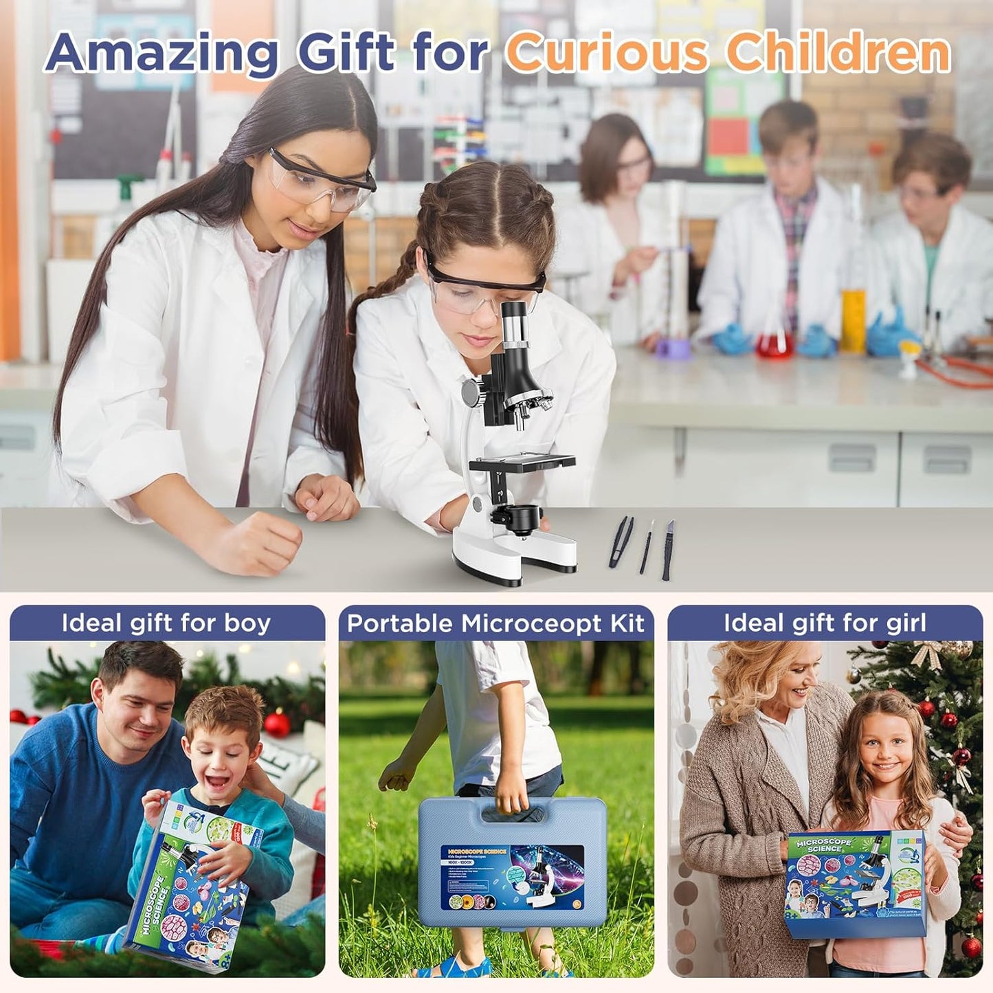 100X-1200X Kids Microscope Kit for Children: Compound Microscope for Kid STEM Biology Discovery - Science Experiments Microscopio Set with Metal Frame, Carrying Box Educational Gift for Child 8-12