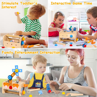 TONZE Kids Tool Set with Apron, 39 PCS Wooden Toddler Tool Bench Box Montessori Toys for 2 3 4 Year Old Boys Girls, Educational STEM Construction Toys Pretend Play Toddler Toys Age 3-5 Birthday Gift