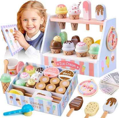 Ehome Wooden Ice Cream Toys Set Pretend Play Food Store for Kids Serve Ice Cream Counter Shop Kitchen Playset with Lucky Wheel, Scoop, Menu, Fake Money for Boys and Girls Ages 3 4 5 6 Birthday Gift