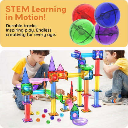 PicassoTiles 70pc Marble Run Magnetic Tiles STEM Set for Kids Ages 3 and Older Magnet Tile Marbles Maze Building Blocks Brain Development Toy Preschool Educational Learning Construction Playset PTG70