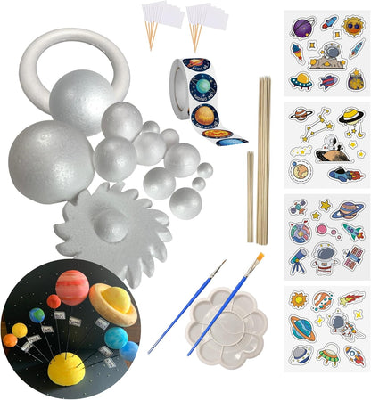 Solar System Model Kit for Crafts, Solar System Project Kit Include Foam Balls, Mixing Tray, Brushes, Sticks, Flags, Stickers (58 Pack Set)