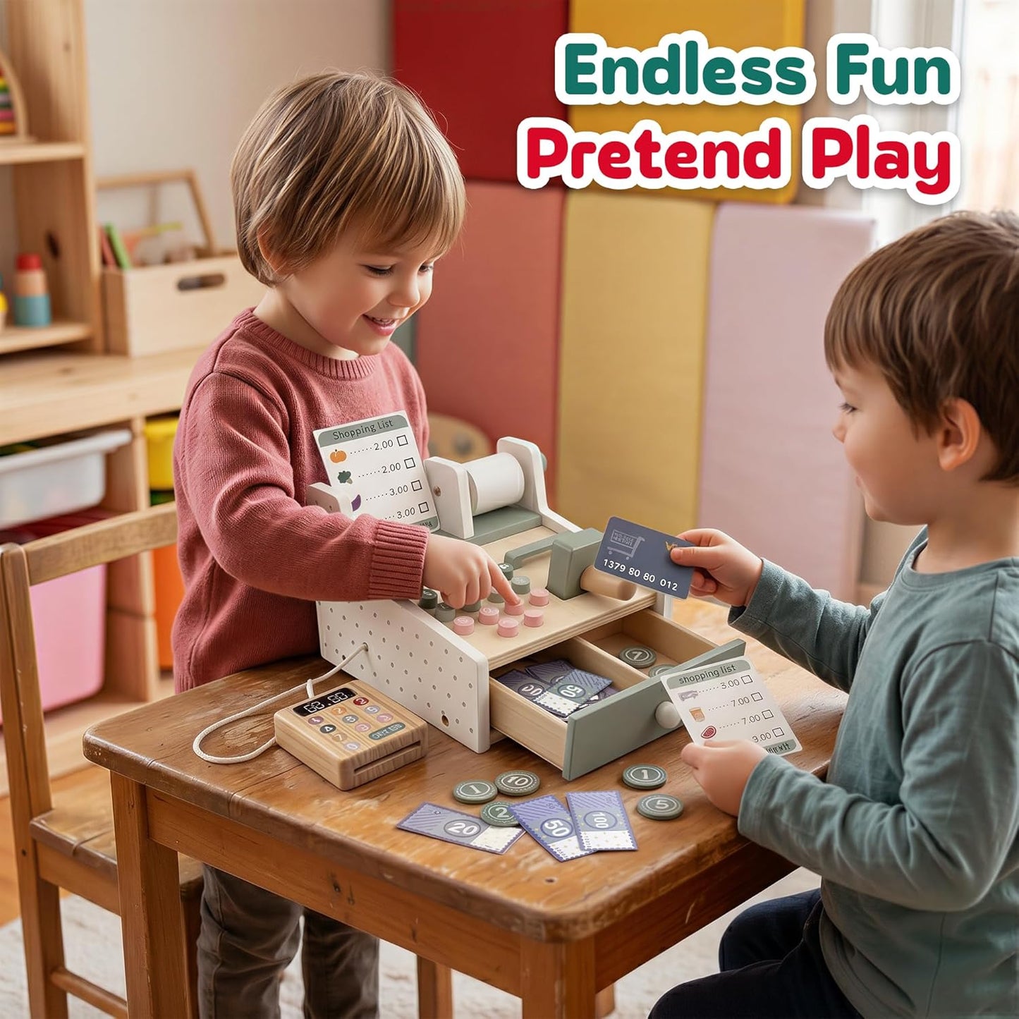 Montessori Wooden Cash Register Toy, Pretend Supermarket Play Set (Ages 3+)