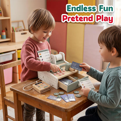 Montessori Wooden Cash Register Toy, Pretend Supermarket Play Set (Ages 3+)