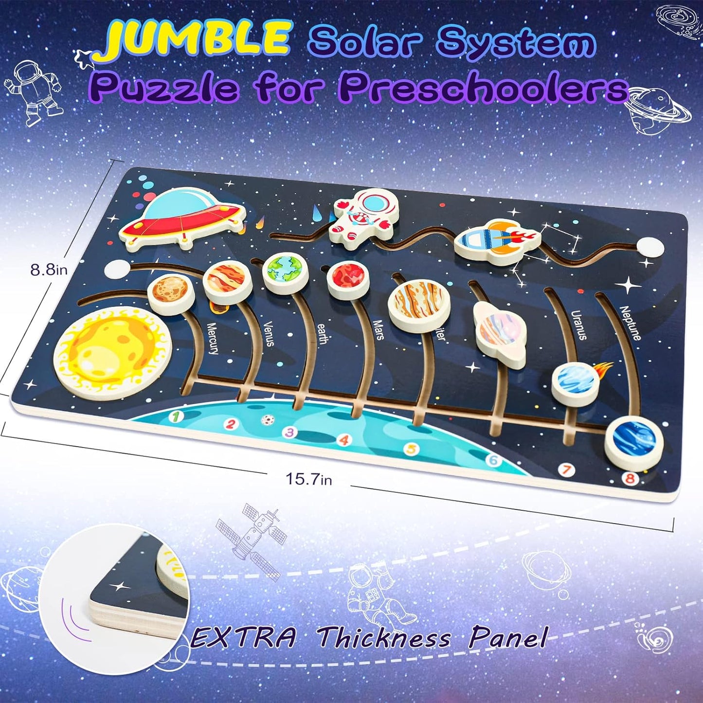 Zeoddler Solar System Puzzle for Kids 3-6, Wooden Space Toys, Planets for Kids, Preschool Learning Activities, Gift for Boys, Girls