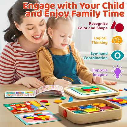 Wooden Magnetic Pattern Blocks Set with Activity Cards, 288 PCS Montessori Puzzle Toys for Toddlers 4-8, STEM Learning Gift for Boys Girls 4 5 6 7 8