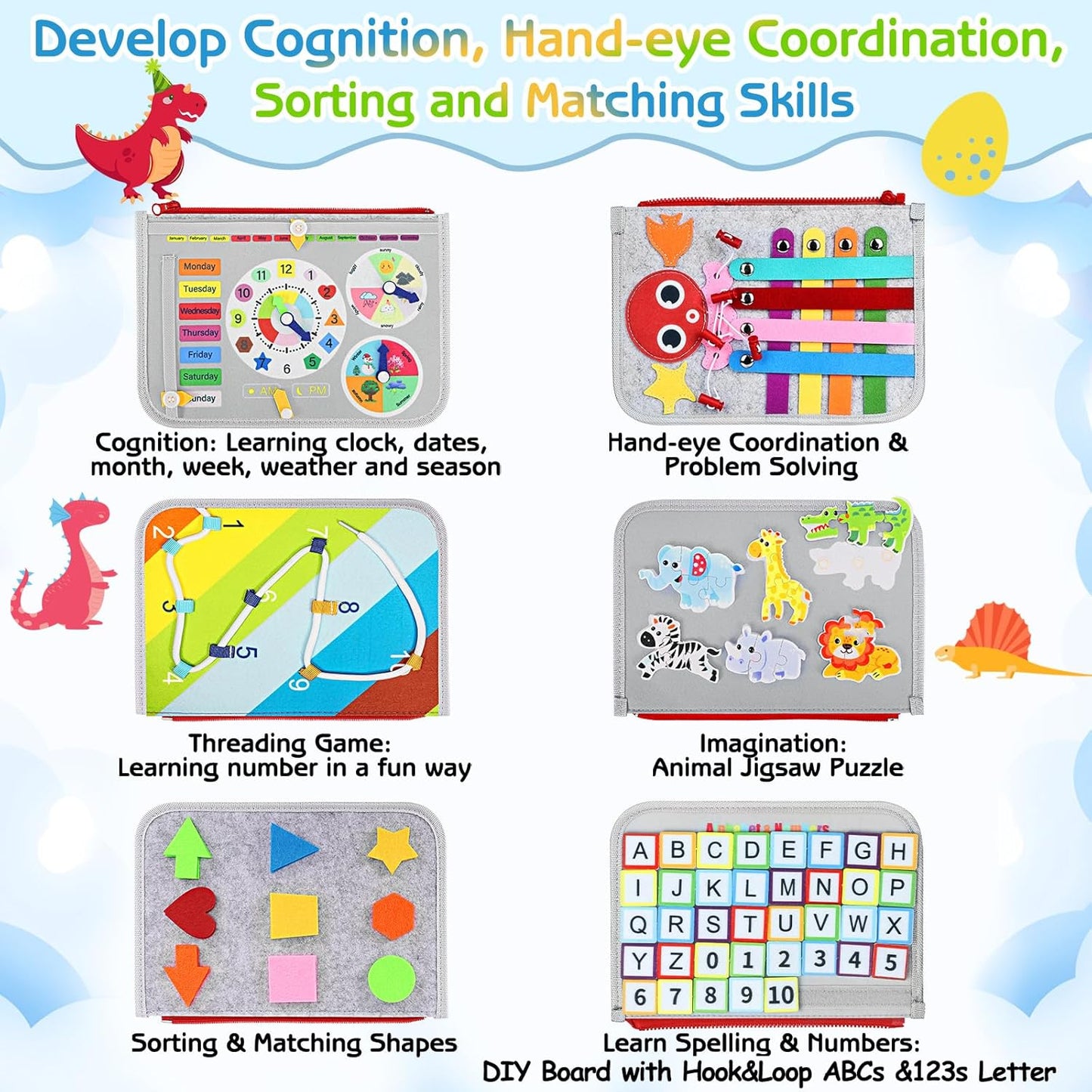 Esjay Toddler Busy Board Montessori Toys for Boys Girls, Sensory Book Educational Activities for Learning Fine Motor Skills, Birthday Gifts for Toddlers, Travel Toys for Airplane Car, White Dinosaur
