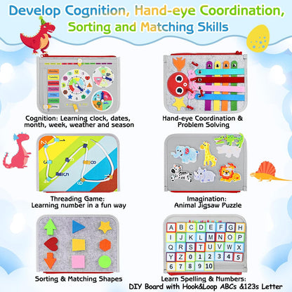 Esjay Toddler Busy Board Montessori Toys for Boys Girls, Sensory Book Educational Activities for Learning Fine Motor Skills, Birthday Gifts for Toddlers, Travel Toys for Airplane Car, White Dinosaur