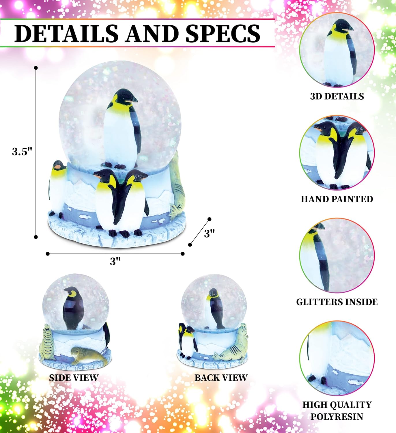 CoTa Global Penguin Snow Globe - Sparkly Water Globe Figurine with Sparkling Glitter, Collectible Novelty Ornament for Home Decor, for Birthdays, Christmas, and Valentine's Day - 65mm