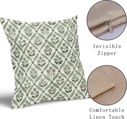 Blue Green Floral Block Print Pillow Covers 12X20 Set of 2, Flower Pattern Spring Summer Print Decorative Throw Pillow Covers Outdoor Farmhouse Seasonal Cushion Case Couch Sofa Bed Decor