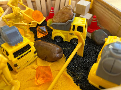 Construction Sensory Bin for Kids - DIY Jr Putty Explorers Wooden Sensory Play Kit with Play Sand, Trucks, Tools & Gems - Montessori STEM Fine Motor Toy for Toddlers & Preschool Boys 3+