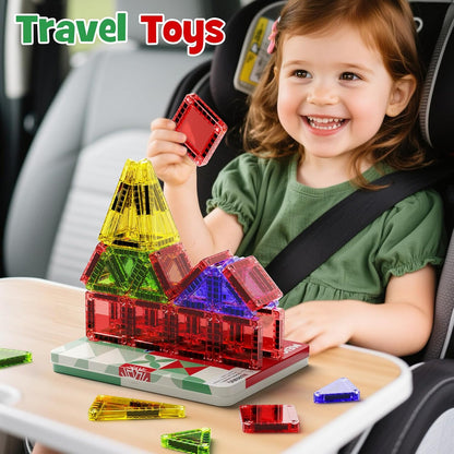 42PCS Mini Magnetic Tiles Travel Set with Iron Storage Box - Portable STEM Building Blocks for Kids 3-8, Montessori Educational Magnet Toys for Airplane, Car Rides & On-The-Go Play