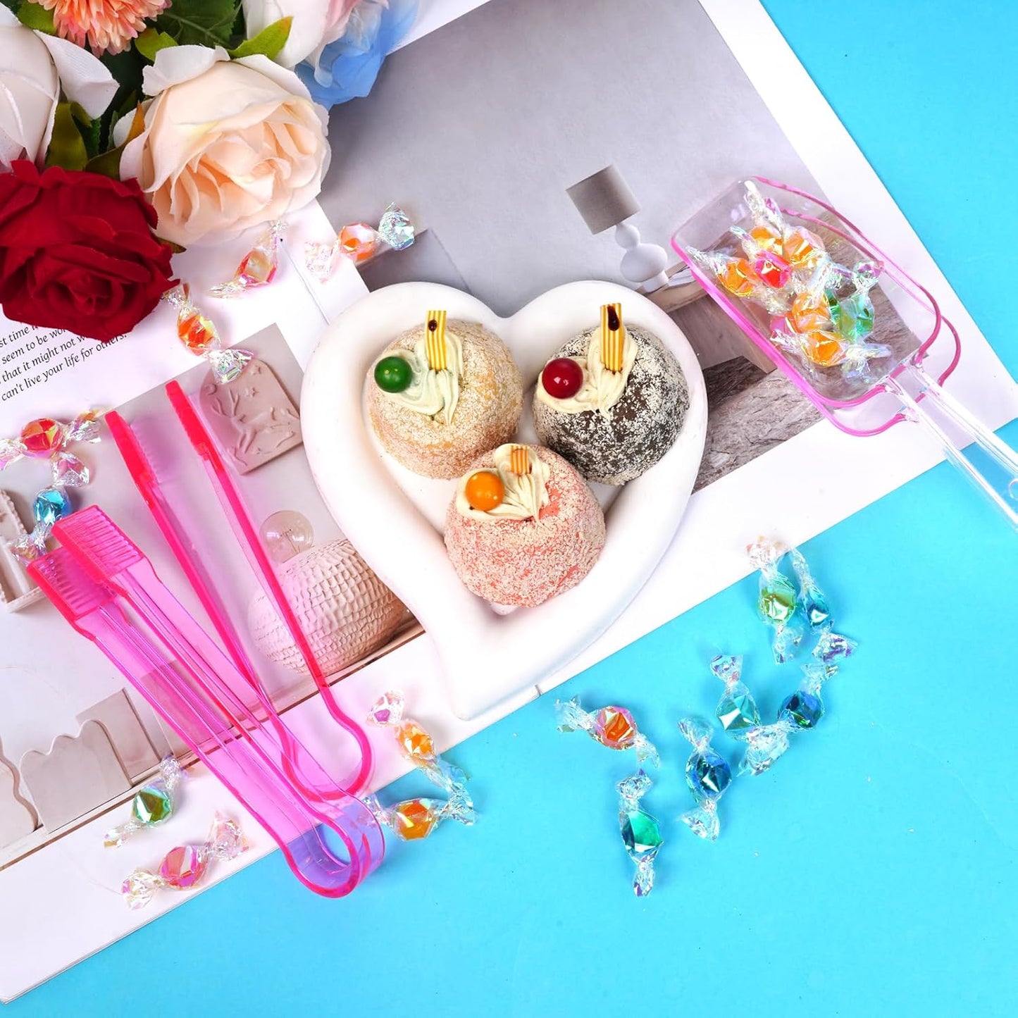 12Pcs Clear Plastic Ice Scoops Tongs Set, Small Tongs for Serving Food, Mini Candy Scoops for Candy Buffet Dry Goods Freezer Bin Canisters (Clear)