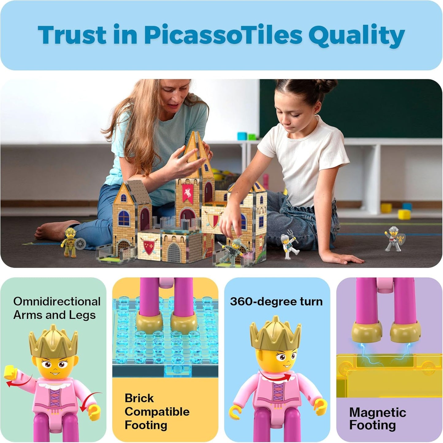 PicassoTiles 60pc Magnetic Tile Princess Castle Building Set with Double Sided Printed Tiles 2 Character Figures STEM Educational Toy Kit for Kids Pretend Play Montessori Learning Ages 3 to 8 PTQ04