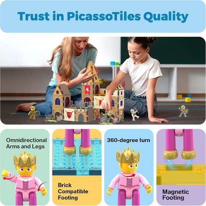 PicassoTiles 60pc Magnetic Tile Princess Castle Building Set with Double Sided Printed Tiles 2 Character Figures STEM Educational Toy Kit for Kids Pretend Play Montessori Learning Ages 3 to 8 PTQ04