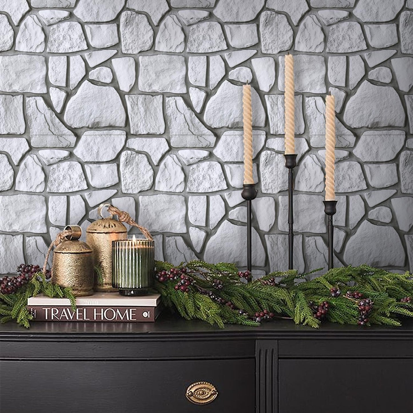 COMSTICKC 3D Faux Gray Stone Wall Sticker Peel and Stick Wall Panels,10 Pcs of 12"X12",Ultra-Light Thin PVC Decorative Tiles Rocks Stone Backsplash Interior Decor,Paintable