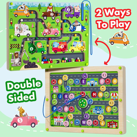 Magnetic Maze 2 in 1 Double Side Color and Number Maze Alphabet Puzzle Board for 3-5 Boys and Girls Kids Montessori Educational Toys (Zoo, One Size)