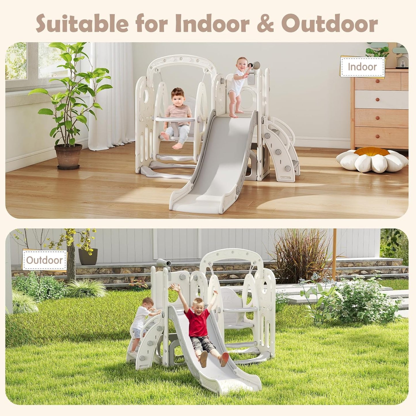 kinbor 6 in 1 Toddler Slide PlaySet - Indoor Outdoor Fun for Kids Ages 1-3, Includes Basketball Hoop, Telescope, Storage & Climber, Safe, Sturdy Baby Slide for Backyard Playground, Blue