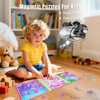 Magnetic Unicorn Mermaid Princess Puzzle for Girls Ages 3-6, 20 Piece Travel Magnetic Puzzle for Toddlers, Car Airplane Road Trip Activity Toy