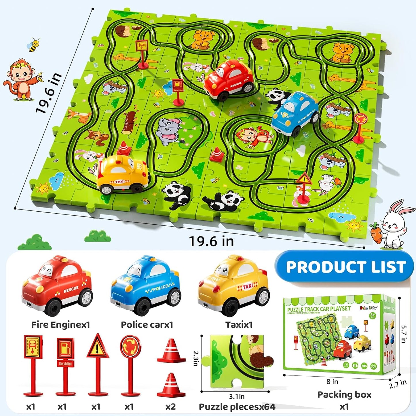 Beby Buty 64PCS Puzzle Track Car Set Toys for Kids Boys, Toddler Toys Gifts for 3 4 5 Year Old, Floor Puzzle Tracks Car for Boys Ages 3-5 4-6, for 3 4 5 6 Year Old