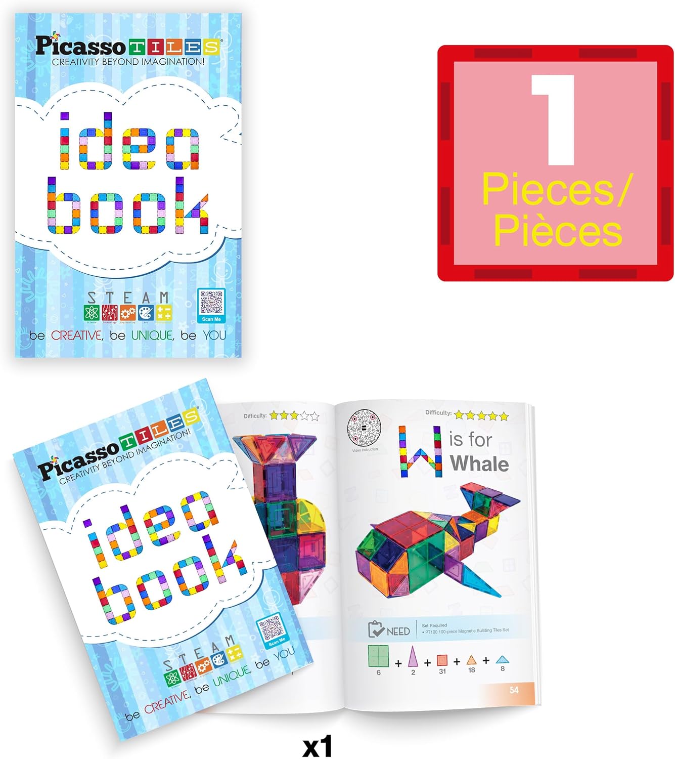 PicassoTiles Magnetic Tile Building Idea Book 230 Pages Illustrated Design Guide with 300 Creative Builds for Kids STEM Learning Creativity and Brain Development Educational Toy Ages 3 Plus PTIDEABOOK