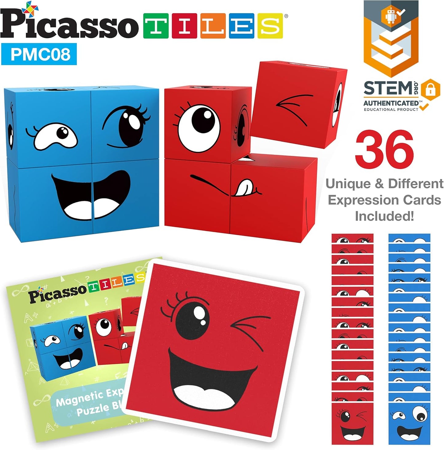 PicassoTiles Magnetic Puzzle Cube Pattern + Expression, 25pc Magic Cube Puzzles Brain Teaser Set, 8 Piece Mix & Match Magnet Construction Building Block Toy Set 36 Creative Emotion Game Card Included