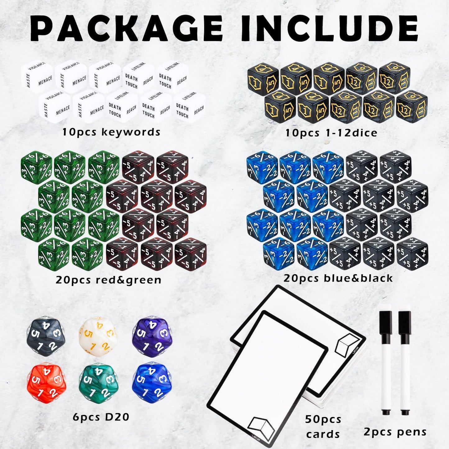 118 Pieces MTG Dice Counters Set with MTG Dry Erase Blank Cards Reusable Proxy Tokens Keyword Life Plus 1 Counter for Card Games Accessories